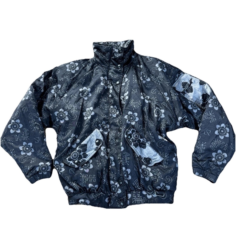 Vintage NILS Skiwear Women's Black Jacket /‎ Coat Size 8 w/ Shoulder Pads Floral
